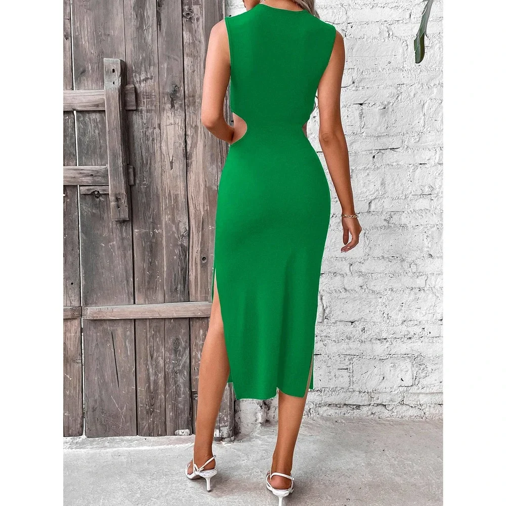 🌟 minimalist Cut Out Waist Twist Front Split Thigh Dress - Picture 3 of 11